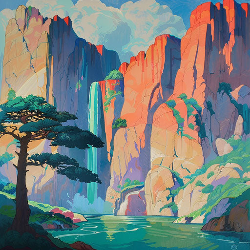 Victoria Falls with stylized rock formations and striking colors in the style of Ed Mell
