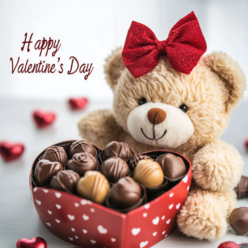 Teddy bear in chocolate box with red bow