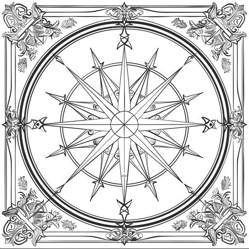 Detailed compass rose with ornate designs. Coloring book page