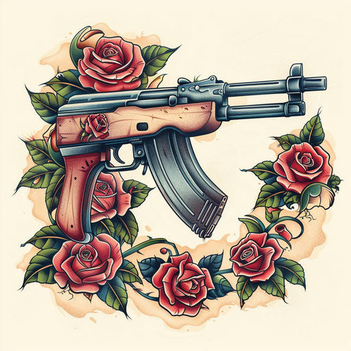 Gangster gun surrounded by roses on white canvas