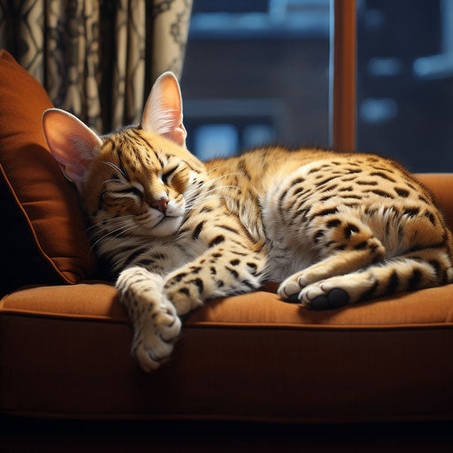 A serval cat napping on a couch