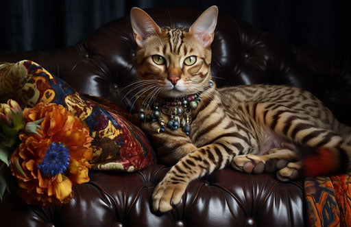 a bengal cat resting on the top of a leather settee, in the style of chilling creatures, use of fabric, cottagepunk, striped, knitted and crocheted, captivating, masculine 17:11