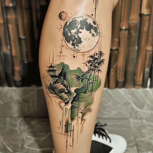 Serene flat tattoo sketch of full moon with zen garden and bamboo