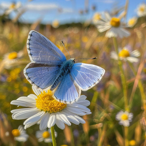 Xerces blue butterfly on bright yellow daisy center