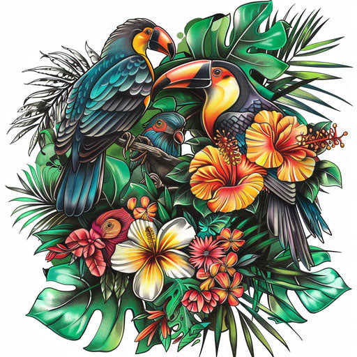Tropical tattoo sketch for a cross stitch tattoo with lush greenery and vibrant bird illustrations