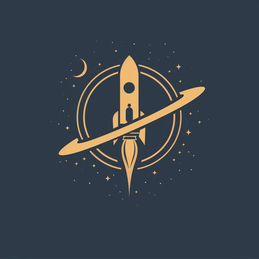 Space exploration company emblem: rocket on planet ring