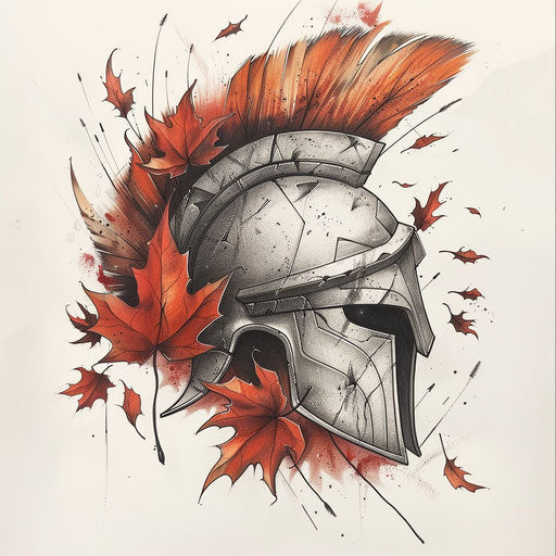 Illustrate a spartan helmet tattoo with autumn leaves and warm colors