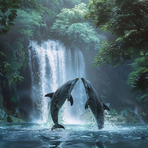 Two dolphins dancing under a waterfall