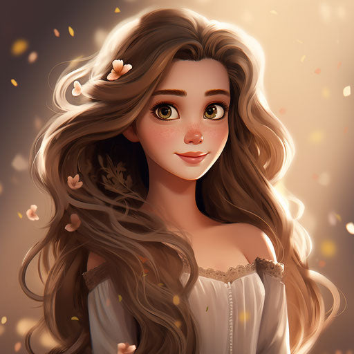 Disney princess with long hair, charming, warmcore, cute