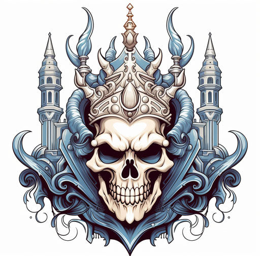 Horned devil skull with crown and spears vector illustration