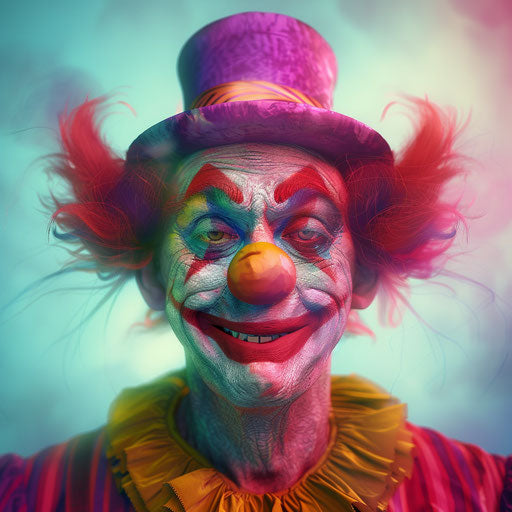 Clown illustration in photo realistic style with a flat random background, ethereal glow and soft edges