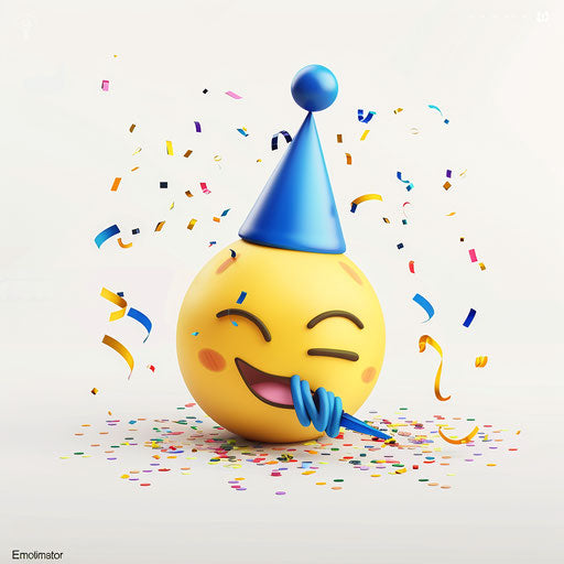 Celebration with a yellow face blowing into a blue hat