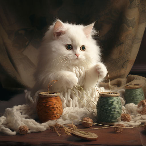 White cat playing with a ball of yarn