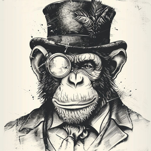 Vintage monkey with top hat and monocle, detailed tattoo