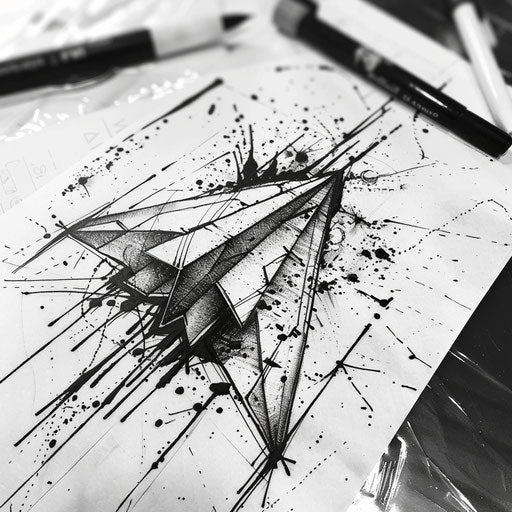 Expressive tattoo sketch of a paper airplane with dynamic splatter and drip effects in black ink