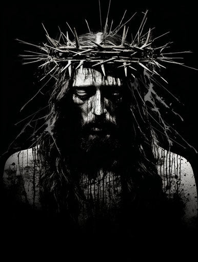 Inked portrait of jesus on the crown of thorns with a cross in the middle, in the style of pointillist compositions