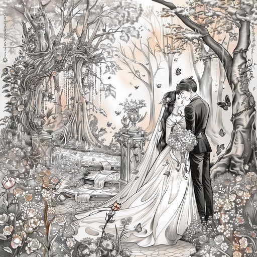 A whimsical wedding in an enchanted forest with magical creatures in the style of Mindy Sommers, Coloring book page