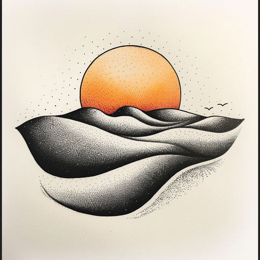 Serene landscape with setting sun in dotwork tattoo