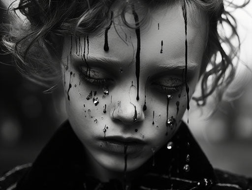 Child crying in a black and white photo, poignant symbolism style, shiny eyes