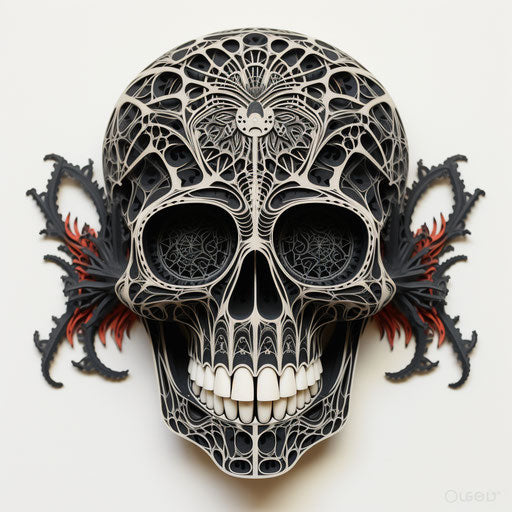 Black spider skull, engraved line-work style