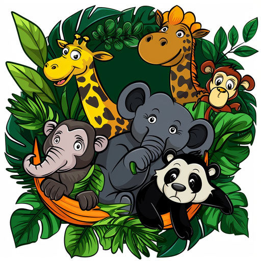 Lush, green jungle themed clipart style flat tattoo sketch with exotic animals