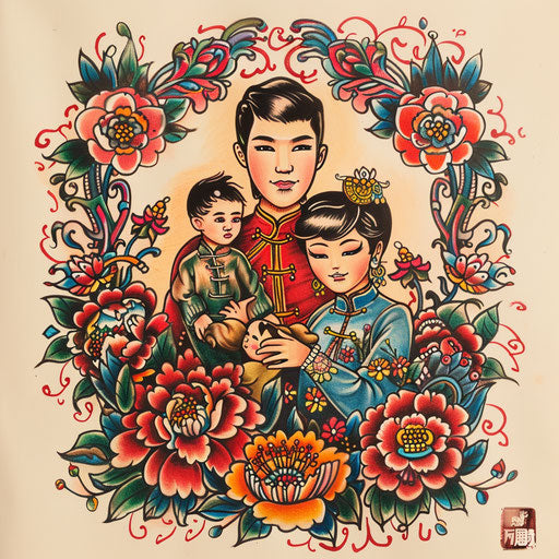 Traditional family tattoo with floral motifs and symbolic icons