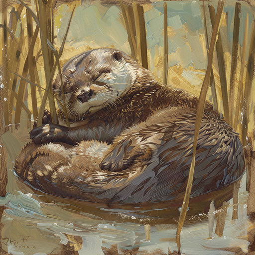 Otter napping in the reeds under the sun