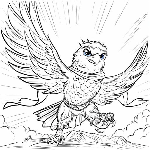 Playful eagle in superhero cape. Coloring book page