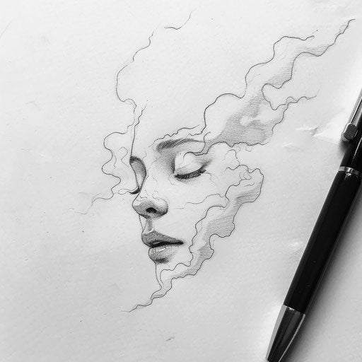 Soft and subtle flat tattoo sketch of a soul at peace surrounded by soft clouds