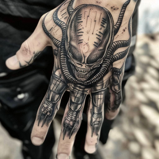 Hand tattoo designs of an alien, in the style of Humberto Ramos