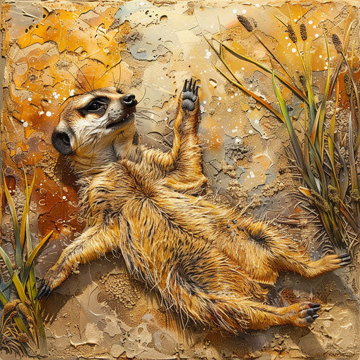 Playful meerkat in dynamic pose, detailed sand and grass texture