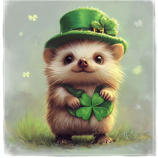 St. Patrick's Day, a cute hedgehog dressed in green with a clover and a leprechaun hat