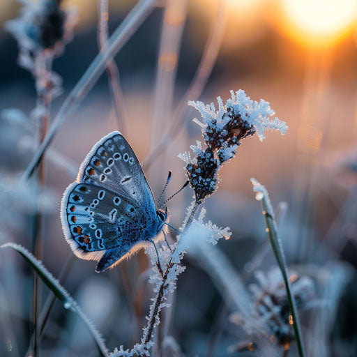 Frosty morning in a meadow with a Xerces blue butterfly