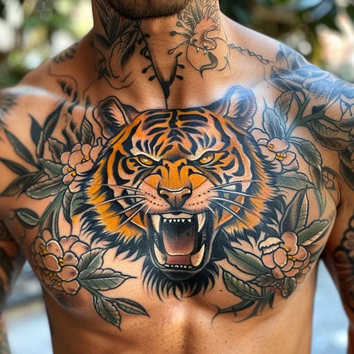 Men's chest tattoo with a fierce tiger head, in the style of Ami James