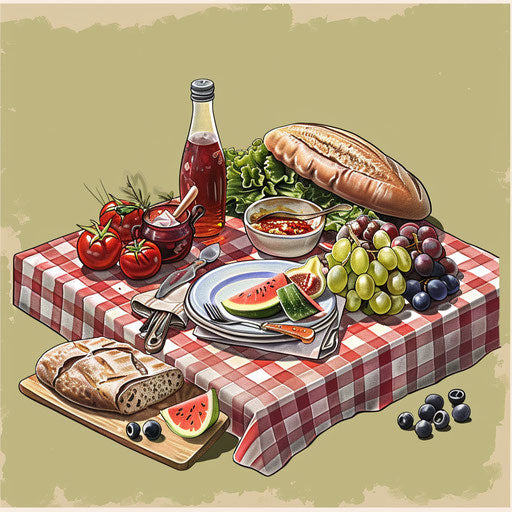 Realistic picnic clip art with muted olive background