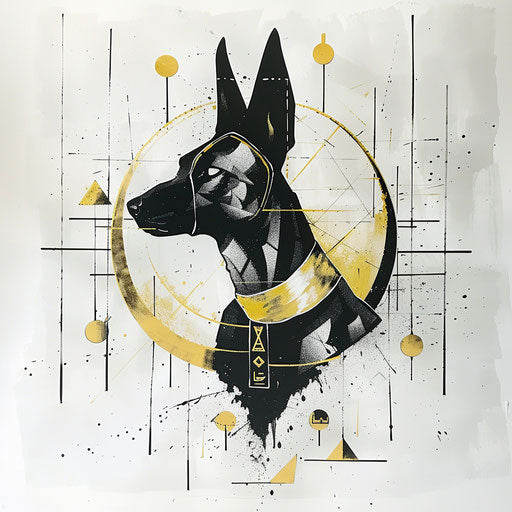 Minimalist design of Anubis with geometric shapes on white canvas