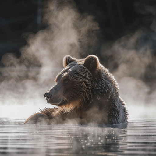 Bear relaxing in hot spring with steam