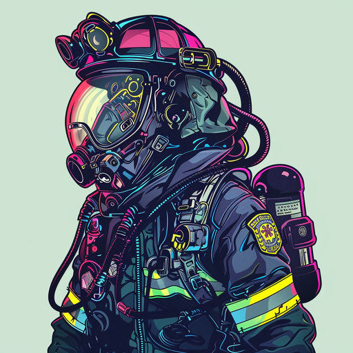 Futuristic flat tattoo sketch of a firefighter with advanced gear