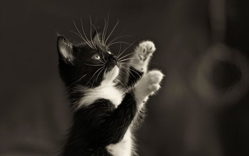 A black and white kitten reaching up, in theatrical gestures style