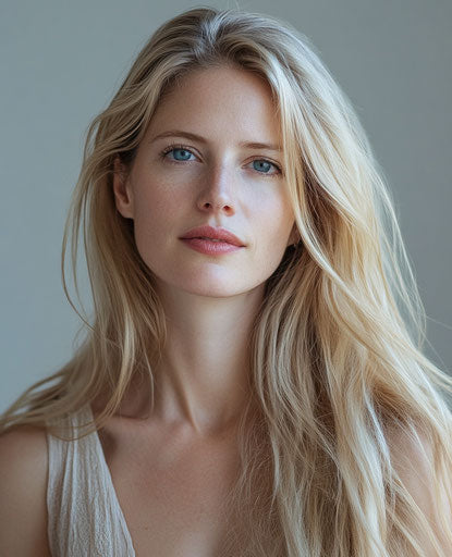 Portrait of a woman with long blonde hair and blue eyes