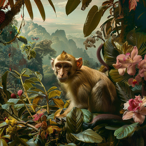 Rhesus monkey in a fantastical forest