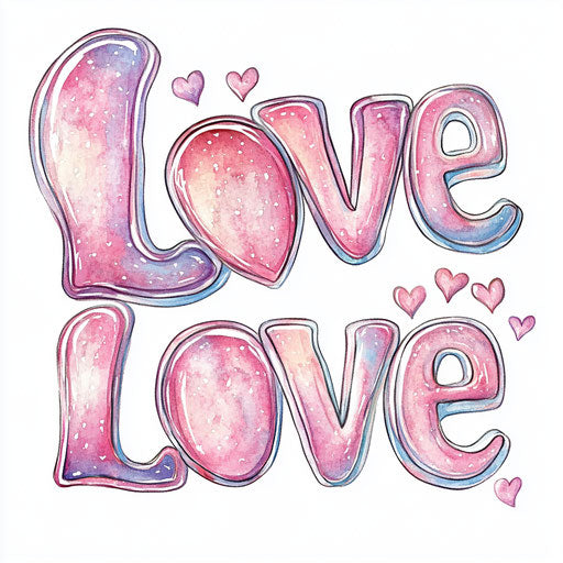 Pink calligraphic-style word Love with hearts