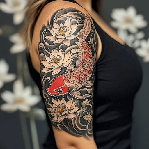 Half sleeve tattoos for women, koi fish among water lilies