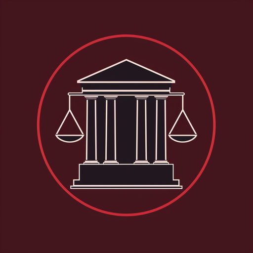 Bold lawyer logo with a stylized courthouse on a deep red background