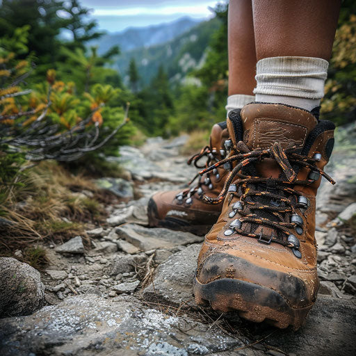 Hiker's boots on a rugged trail