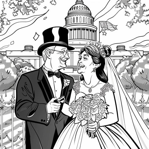 A satirical wedding in a political cartoon setting in the style of Walt Handelsman, Coloring book page