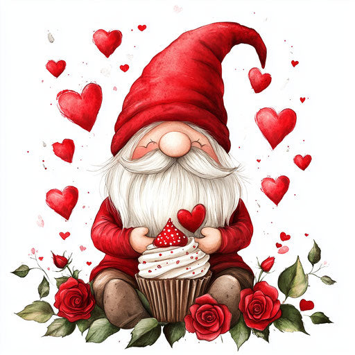 Valentine's Day gnome with red hat holding cupcake surrounded by roses and hearts on white background. Cute clip art.