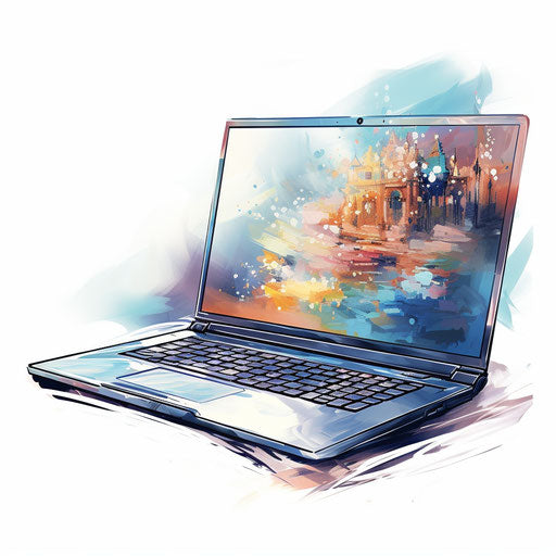 Laptop image in the fashion of Oil painting, white backdrop