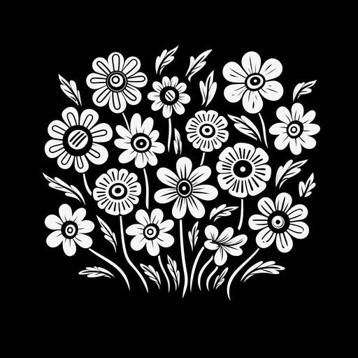 Black and white flower outline in naive art style