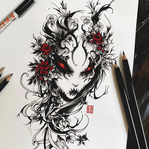 Neo-traditional flat tattoo sketch of a shinigami with ornate Japanese floral motifs
